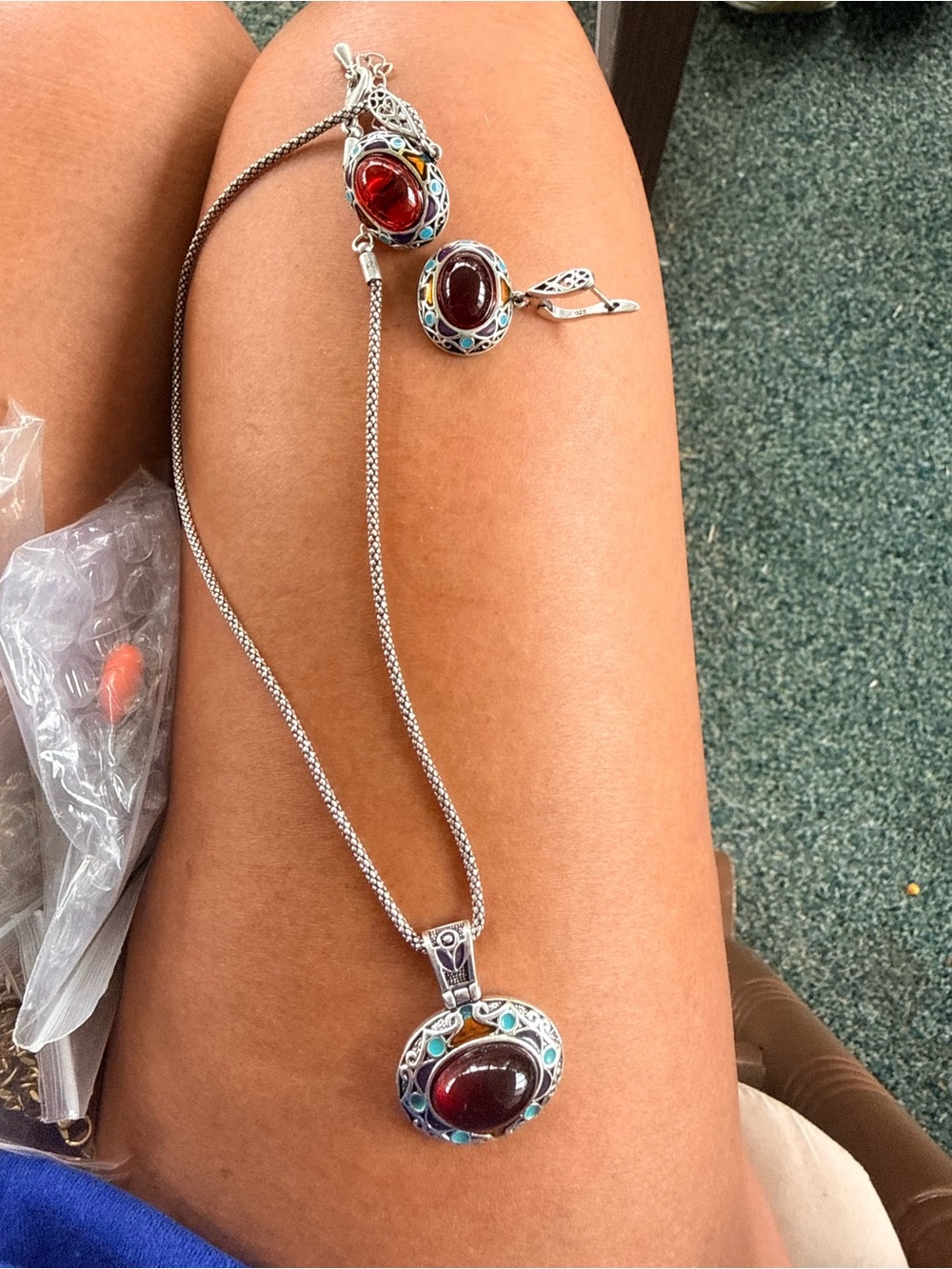 Sterling Silver Red Gemstone Pendant Necklace and Earrings Set
